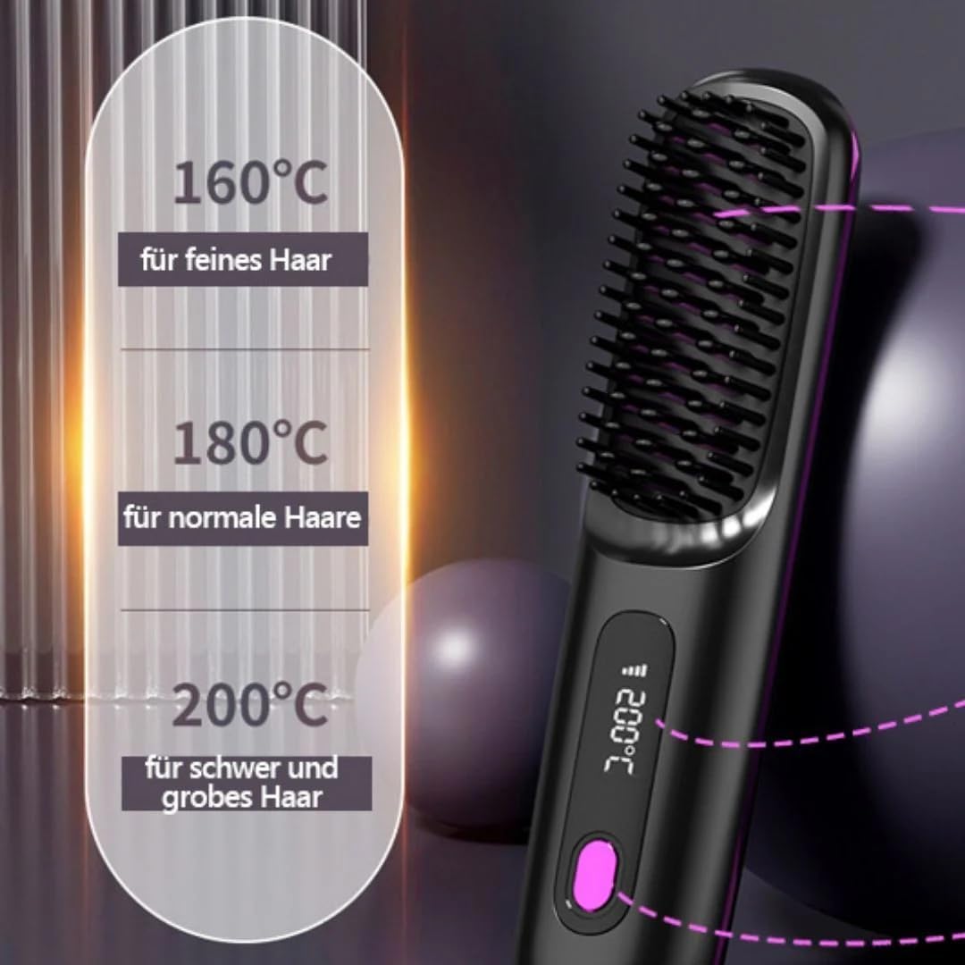 Clinora - Spazzola lisciante per capelli corti, senza fili con indicatore LED, spazzola lisciante e spazzola per lo styling, 3 livelli di temperatura, per capelli lisci, ricci e asciutti, portatile