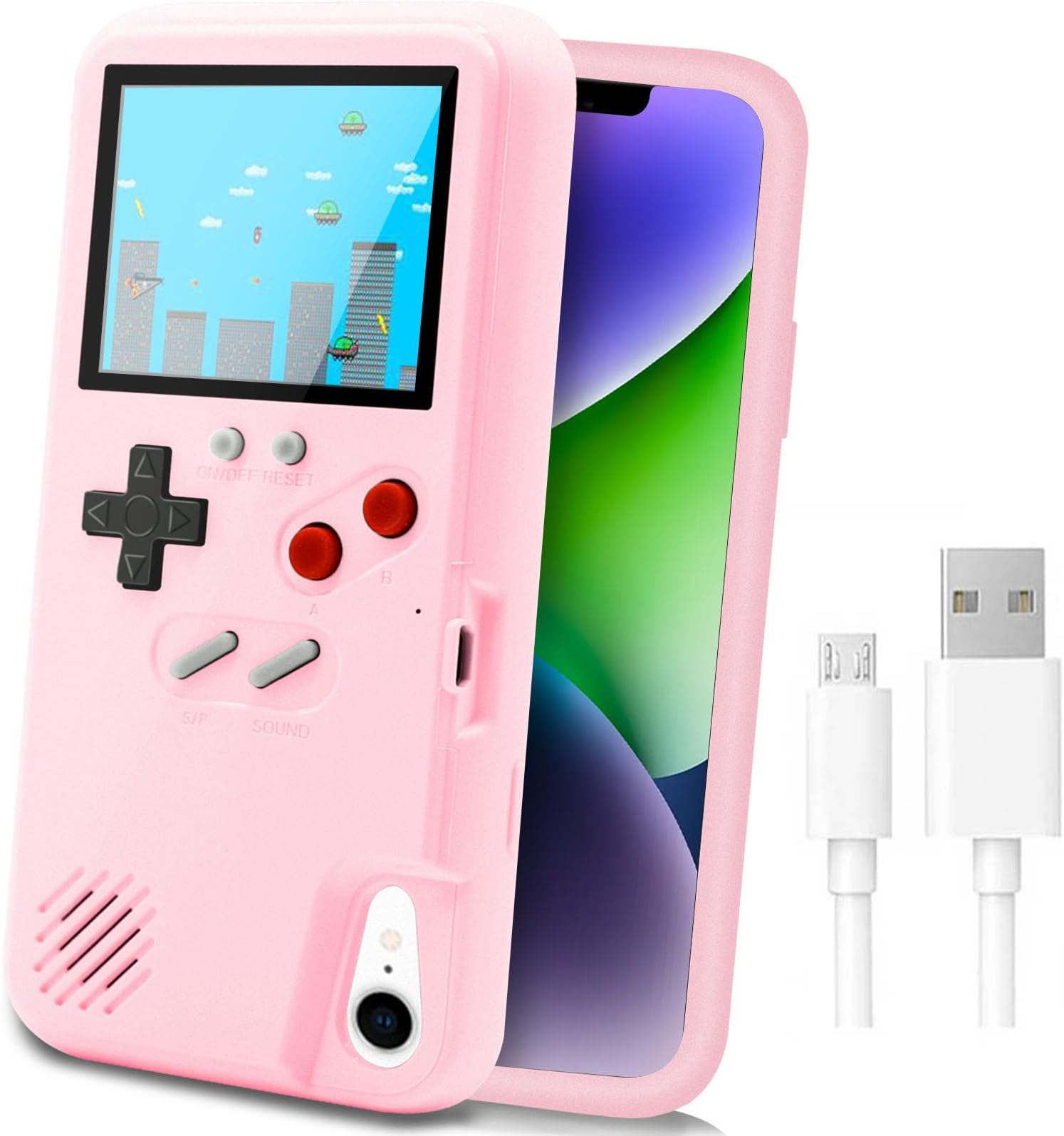 LucBuy Game Console Case Compatible for iPhone XR, Retro Protective Cover Self-Powered Case with 36 Small Games, Full Color Display, Shockproof Video Game Bumper ONLY for XR - Pink