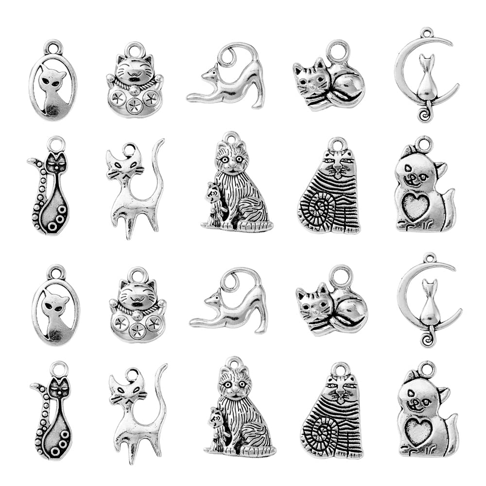UR URLIFEHALL 100 Pcs 10 Styles Antique Silver Cat Theme Charms Cute Pet Animal Charms Pendants for Crafting DIY Jewellery Making