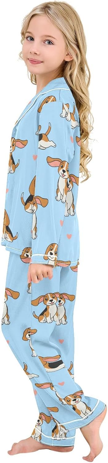 Kids Casual Satin Wear Set Heart King Charles Dog Pattern Unisex Relaxed Fit Clothing