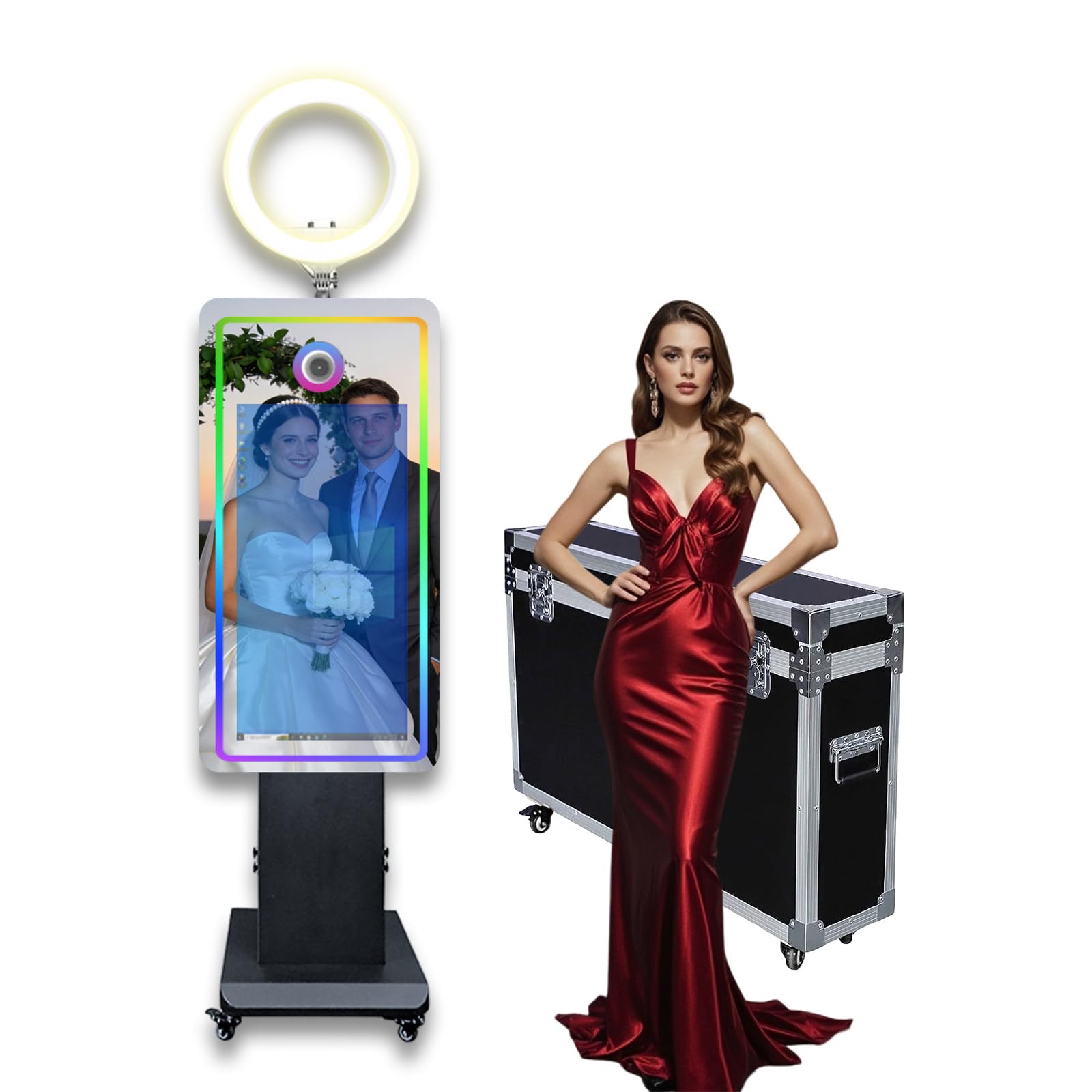 Magic Mirror Photo Booth z ekranem dotykowym 81.3 cm, fotobudka do selfie z futerałem lotniczym, fotobudka RGB na imprezę, wydarzenie, wynajem weselny (czarna, fotobudka)