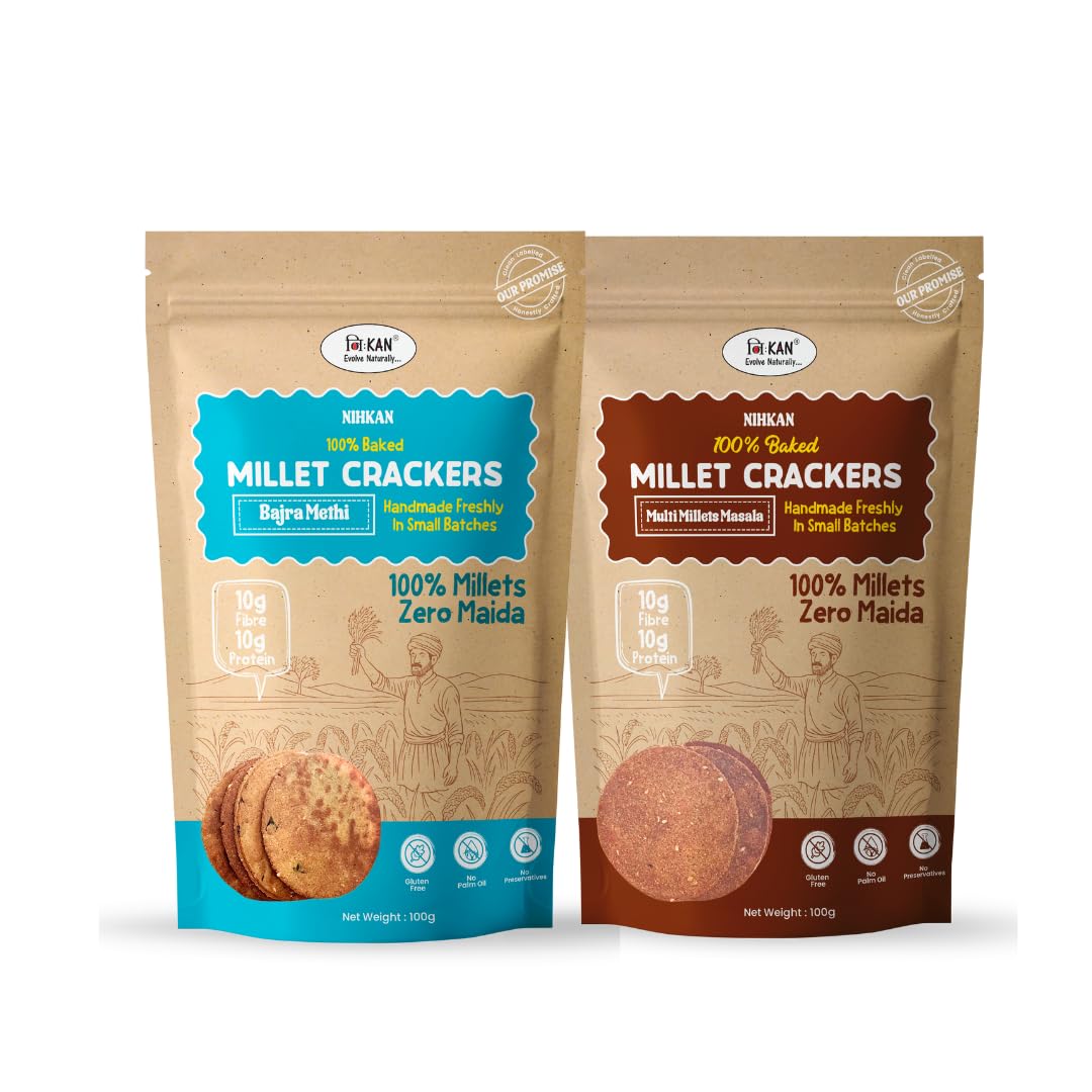 - NIHKAN Millet Crackers (Bajra Methi & Multi Millet Masala Combo) - Gluten free | No Maida | High protein | High Fibre - Handmade & baked | Healthy Millet snack | Chai time guilt free snacks - No Preservatives & No Baking soda - 100g each