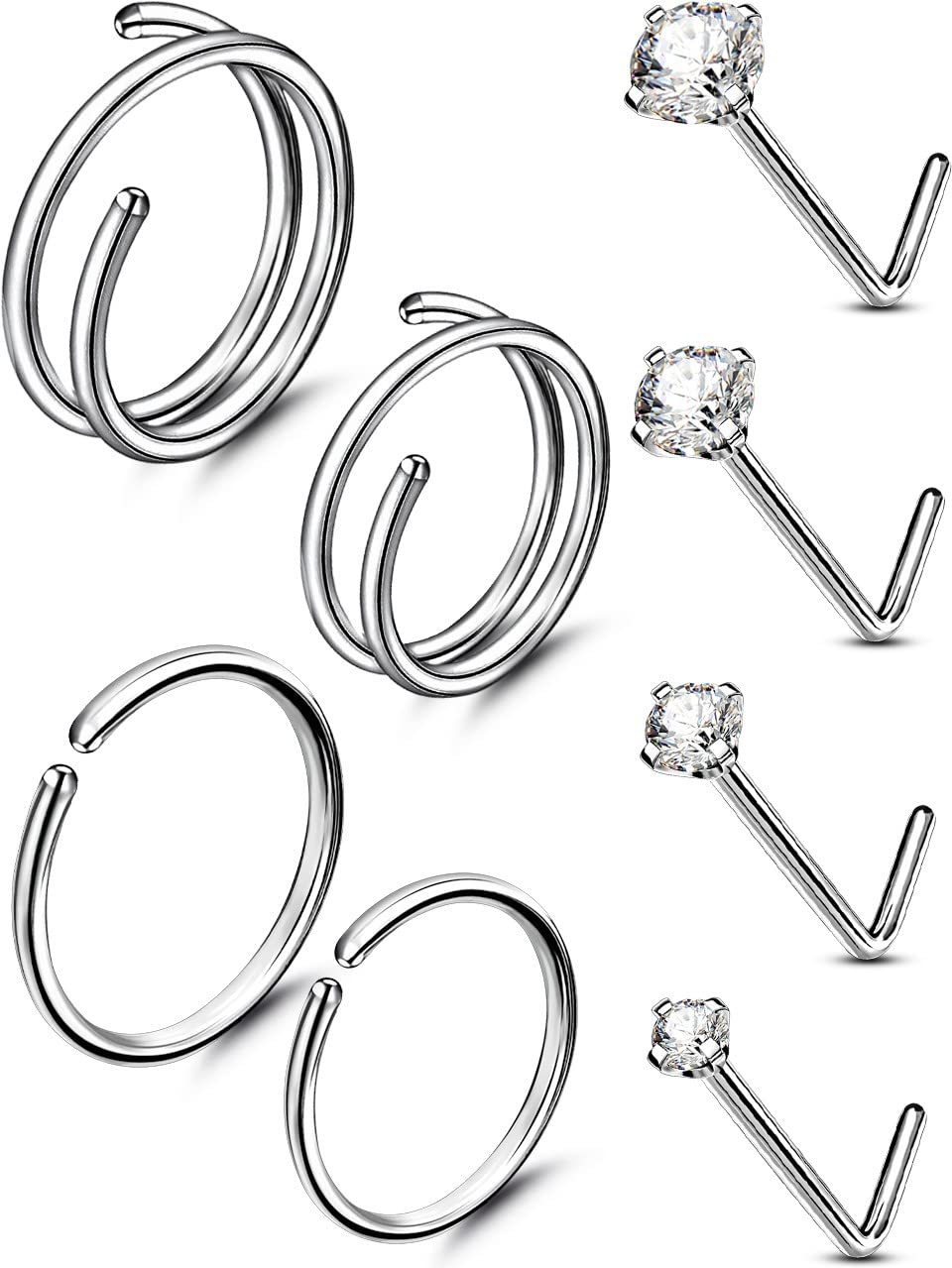 OUFER Body Piercing8pcs Solid Titanium L Shape Nose Piercing 20G Nose Stud Bone Pin Nose Rings Nose Rings Body Piercing Jewelry for Women and Men, Titanium