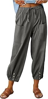 Women's Capri Pants High Waist Drawstring Cinch Bottom with Button Cotton Loose Casual Trouser with Pockets