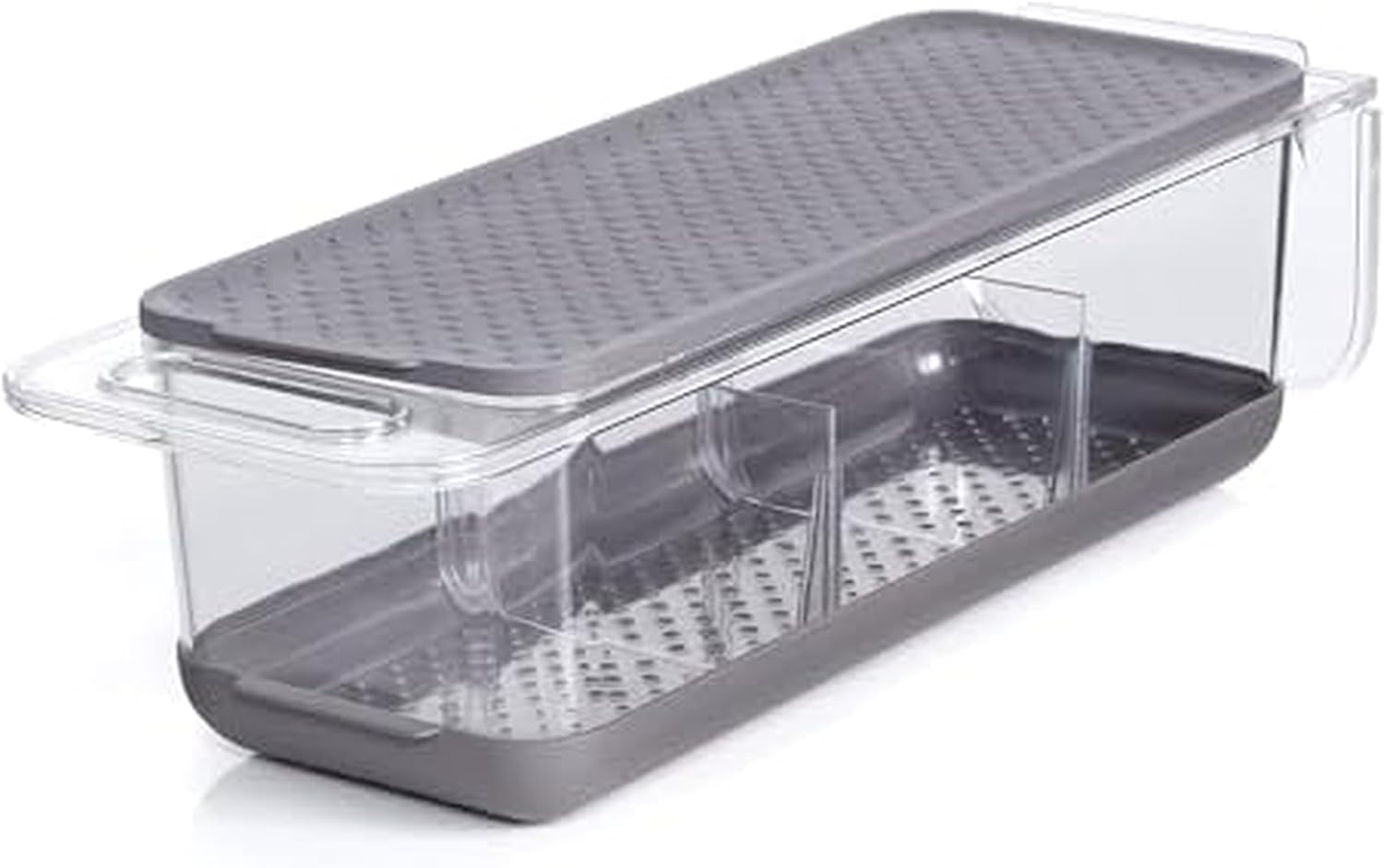 Copco Over the Sink Colander and Fridge Storage Bin with Folding Handle for Rinsing and Storing Fruits and Vegetables, Clear/Gray