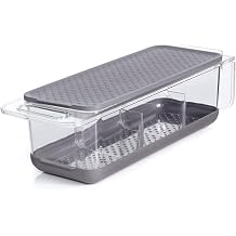 Copco Over the Sink Colander and Fridge Storage Bin with Folding Handle for Rinsing and Storing Fruits and Vegetables, Clear/Gray