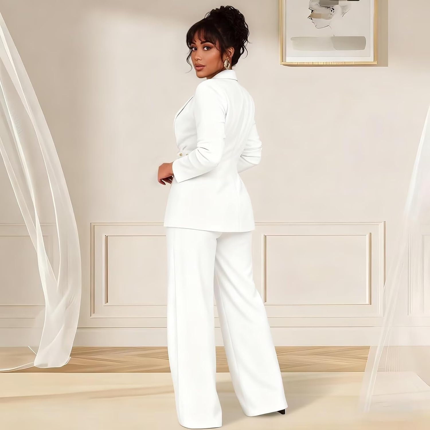 Womens Suits Thick Long Sleeve Belted Blazer and Pants Set Business Casual Interview Outfits with Pockets