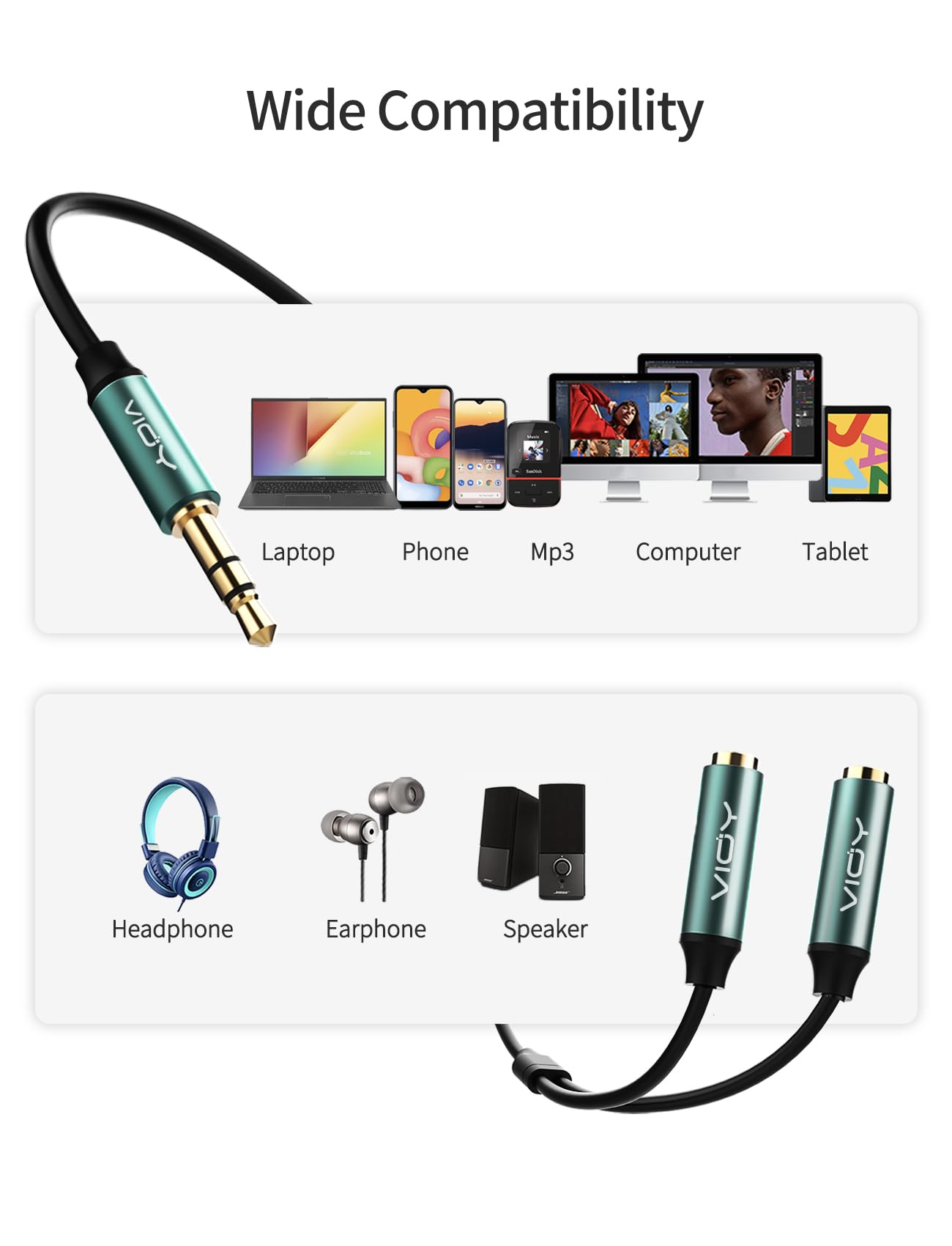 VIOY Confezione da 10 splitter per cuffie, doppio jack da 3,5 mm per cuffie, cavo splitter audio maschio a femmina, prolunga per cuffie a 2 vie, per smartphone (verde scuro)