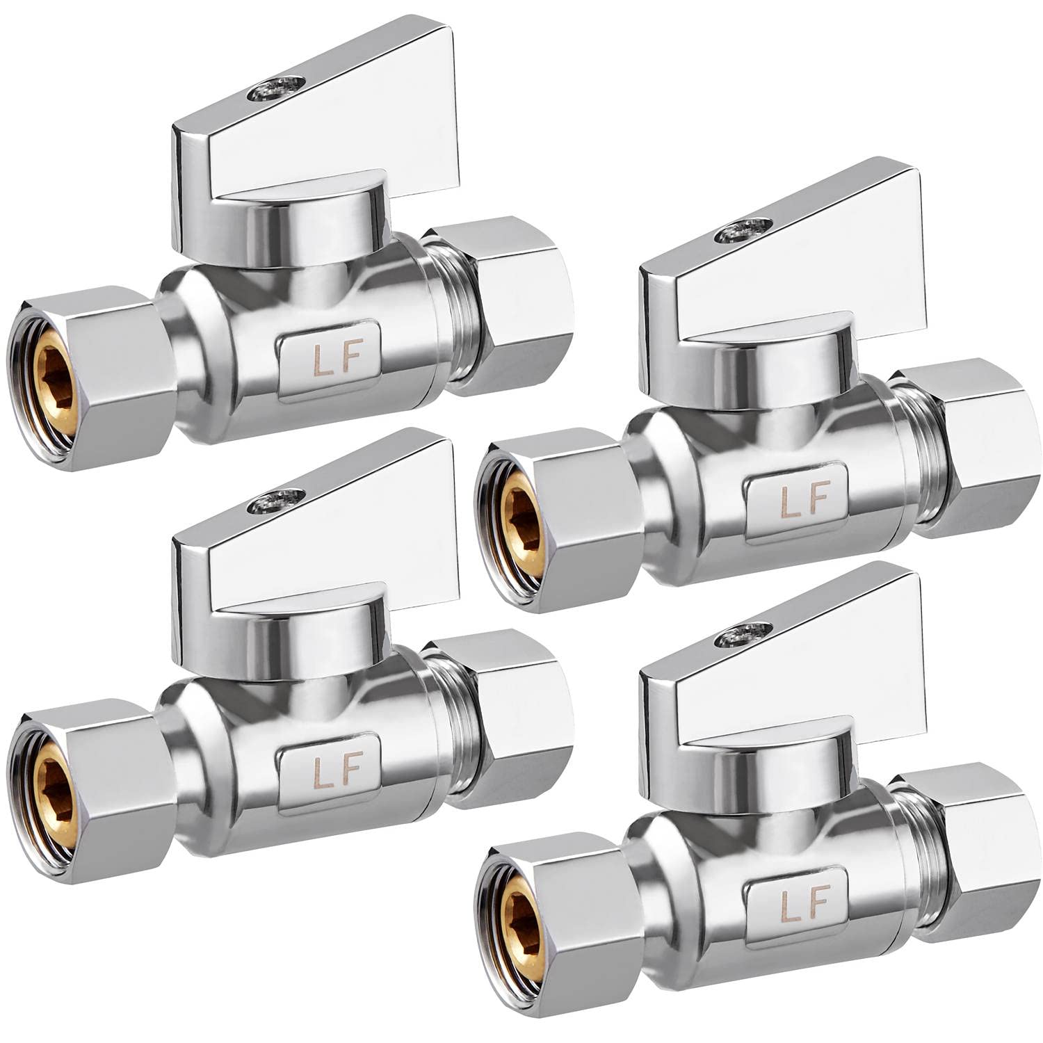 Confezione da 4 valvole di arresto ad angolo diritto per acqua e quarto di giro, in ottone cromato senza piombo da 3/8" Comp FIP x 3/8"