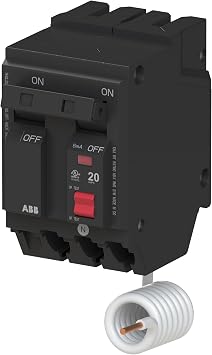 ABB Q-Line THQL2120GFT Ground Fault Circuit Breaker 20 Amp Double-Pole Breaker GFCI Protection 120/240 VAC 10 kAIC Interrupt Rating Plug-On Pigtail Breaker for Load Centers