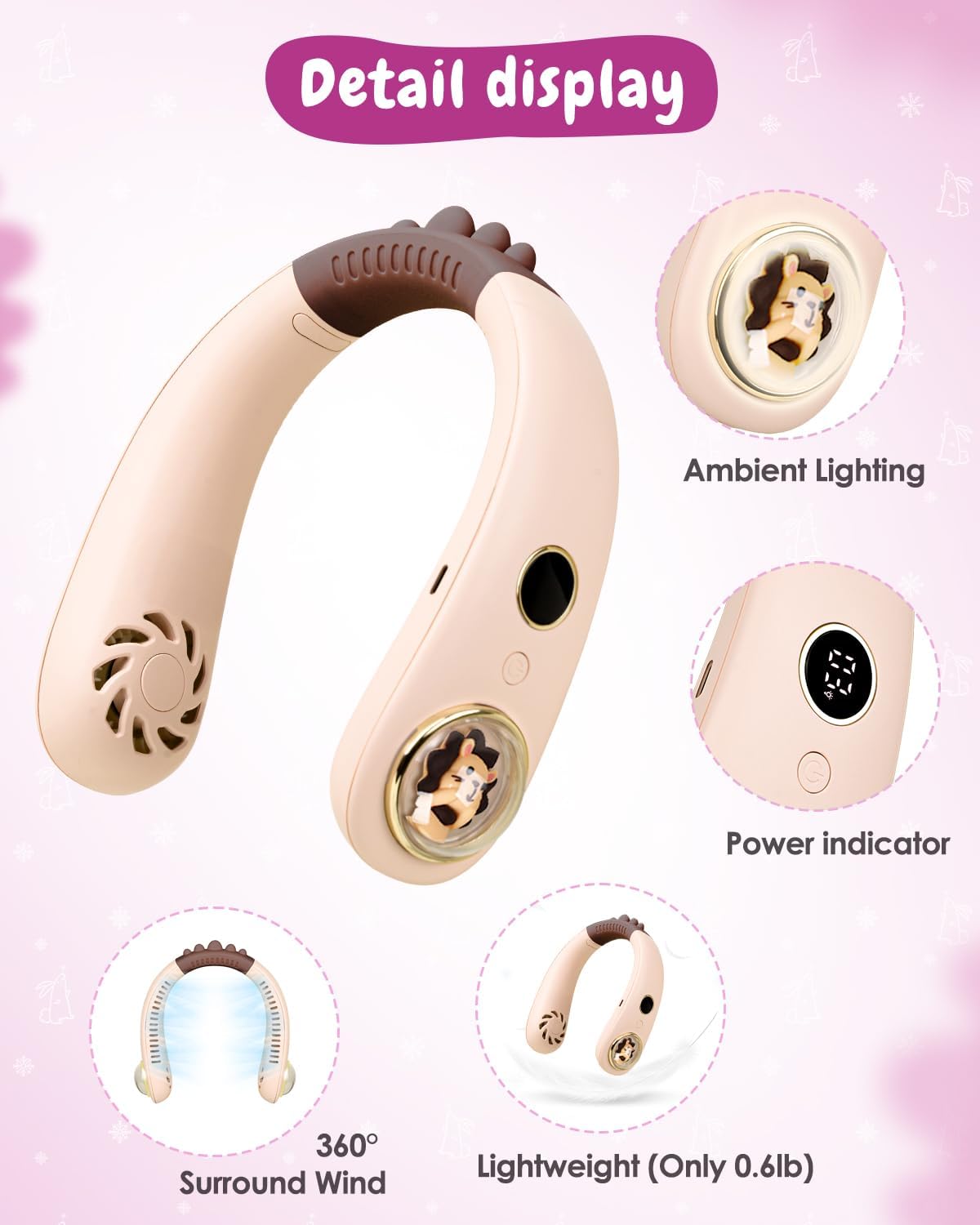 Neck Fan for Kids,Bladeless Portable Fan Rechargeable for 4-14Y Girls & Boys, 2400mAh USB Personal Cooling Mini Fan Rechargeable for Travel/Disney/Camping, 3 Speeds, Summer Essentials(Beige)