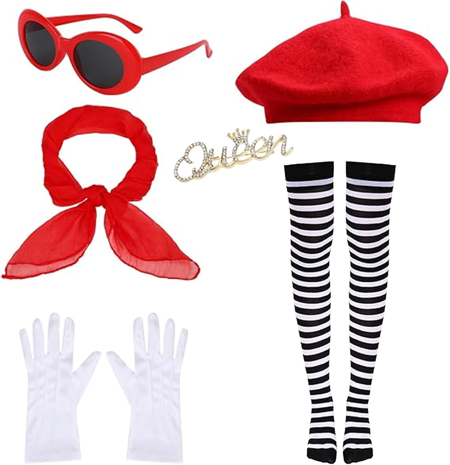 French Women Mime Costume Accessories Set for Halloween Dress Up Party Red