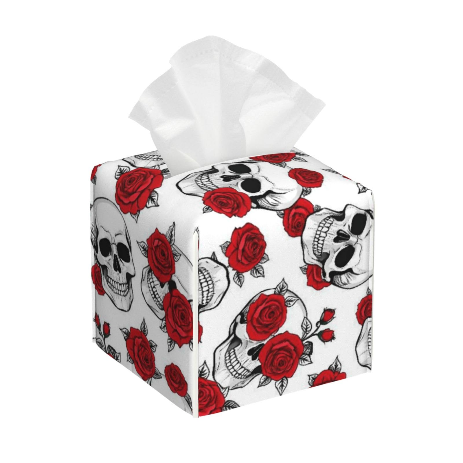 Rose Skull Leather Tissue Box Cover Holder Square Facial Paper Organizer 5.2" X 5.2" X 5.2"