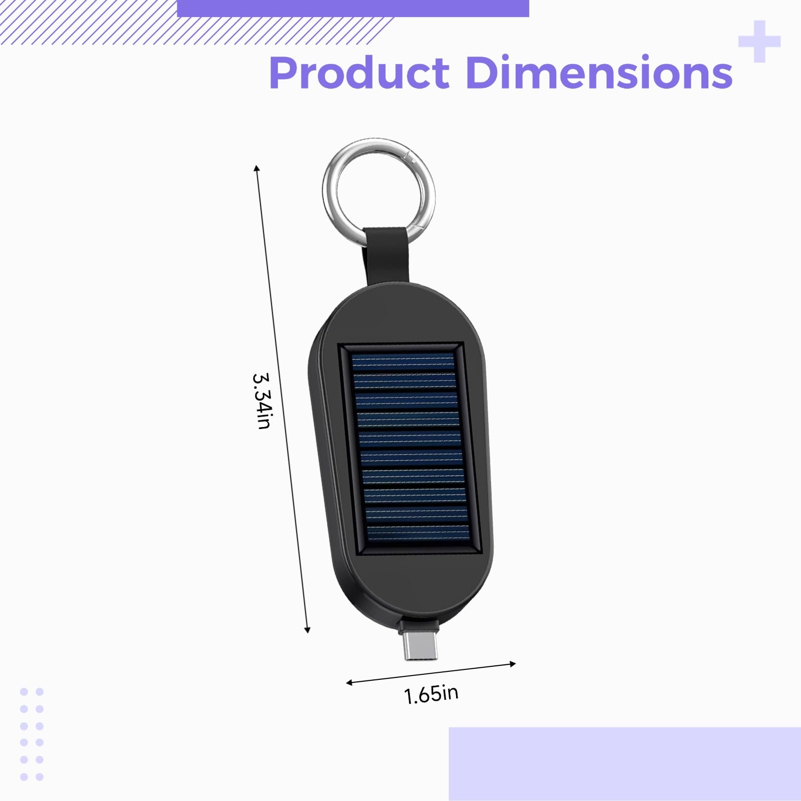 Batterie Externe Solaire Porte-clés, Chargeur Portable Mini Type-C 2000 mAh, Power Bank d'urgence avec connecteur USB-C intégré, Anneau en métal, 8,5 x 4,2 x 1,6 cm pour téléphone et Montre connectée