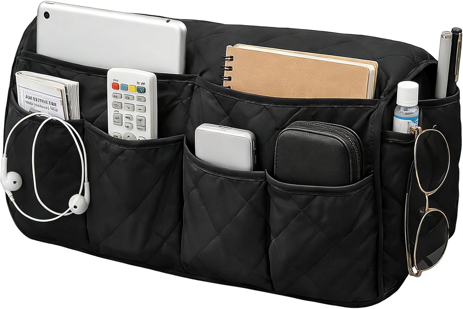 Sofa Armrest Organizer & Remote Control Holder, 14 Large Pockets, Waterproof Foldable Armchair Caddy (Black)