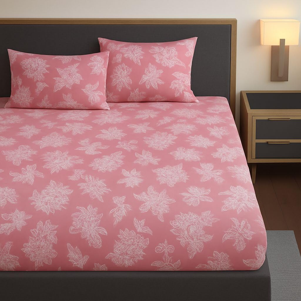 THE HOME STYLE Supersoft Glace Cotton Elastic Fitted All Around King Size Printed Double Bedsheet with 2 Pillow Cover & King Size Comforter/Duvet/Blanket (72"x78" + Comforter, Coral Bloom)