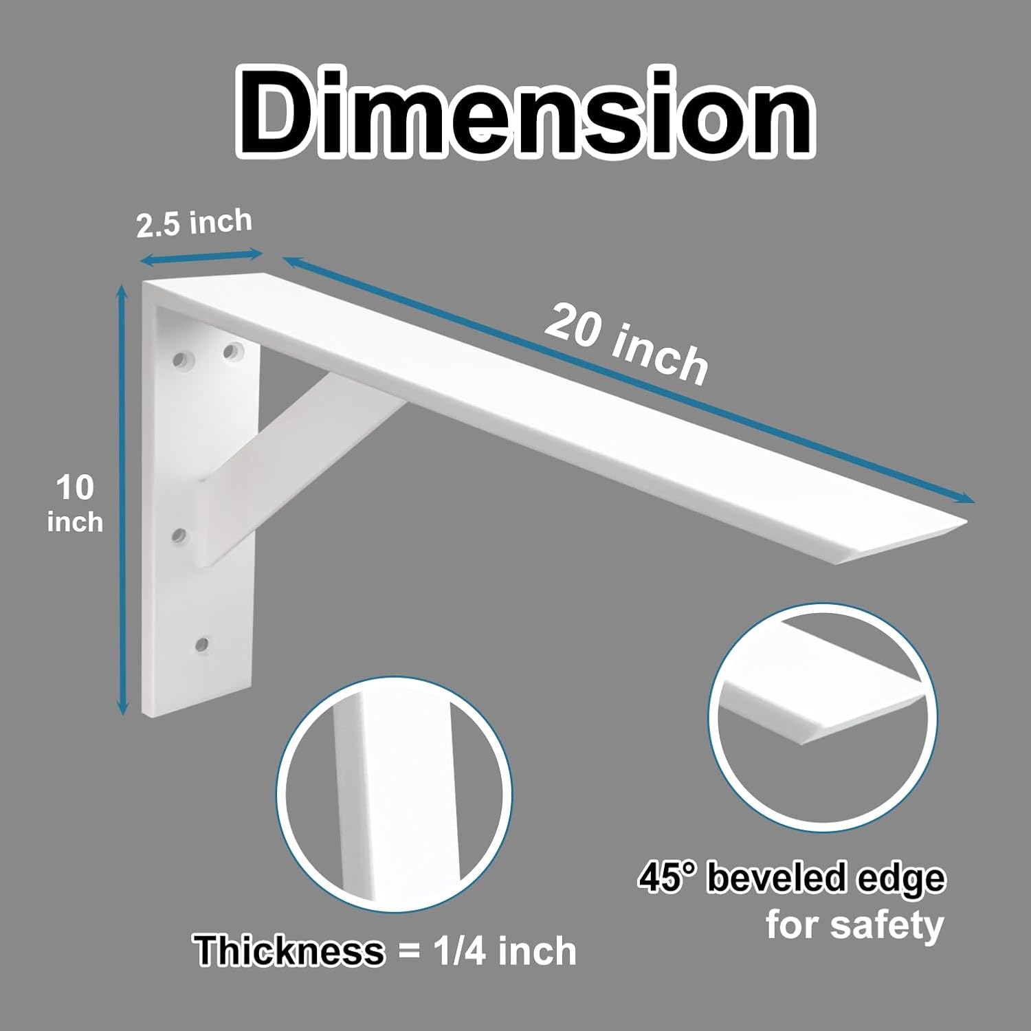 Heavy Duty Shelf Brackets 2 Pack 20" x 12" x 2.5" White Steel 3/8" Thick Countertop Support Mantel L Bracket for Wood Granite Quartz Countertop image 2