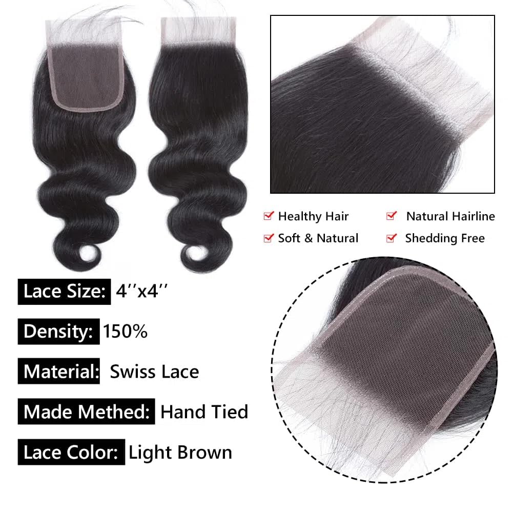 Body Wave Closure Human Hair Free Part 4×4 Swiss Transparent Lace Closure 100% Unprocessed Brazilian Body Wave Human Hair 150% Density Natural Color 14 Inch