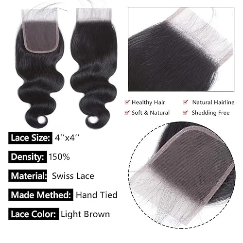 Miniatura 3 de Cierre de cabello humano ondulado con parte libre 4 × 4, cierre de encaje transparente suizo 100% sin procesar, cabello humano brasileño ondulado,