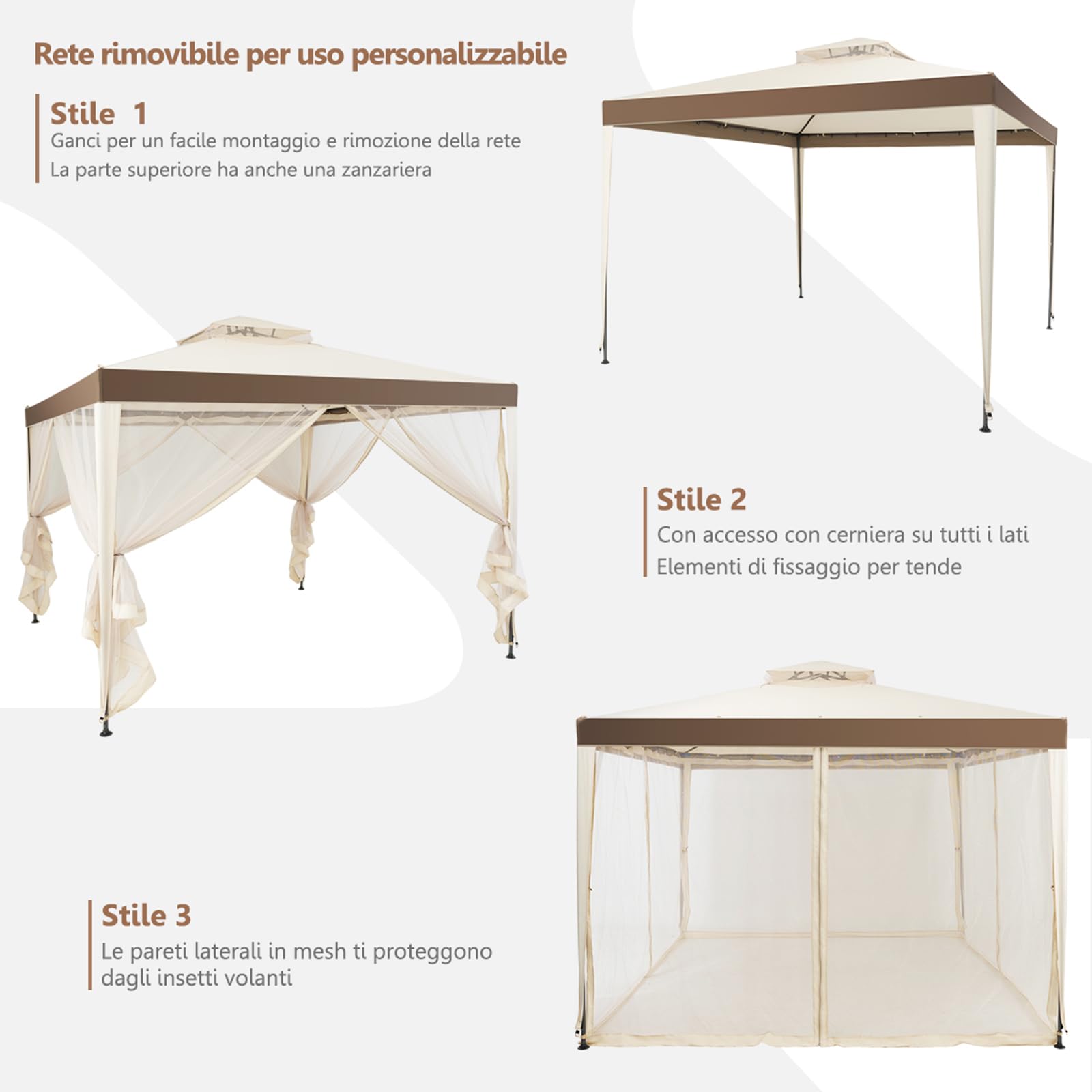 COSTWAY Gazebo da Giardino 3 x 3 m, Gazebo da Esterno con Zanzariera, Doppio Tettuccio e 4 Tendine Poliestere Laterali, Impermeabile, Struttura in Metallo, per Giardino, Patio e Cortile (Beige)