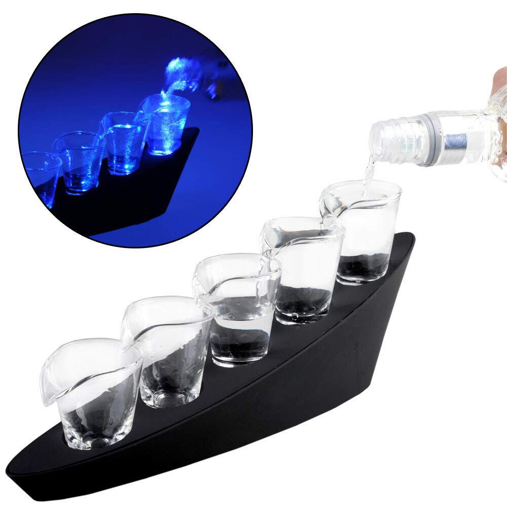 5 Bicchierini da Shot - Effetto Domino - Illuminazione Blu a LED - Giochi Alcolici - Cascata di Liquore - Gadget per Feste di Compleanno - Addio al Celibato - Idee Regalo per Lui