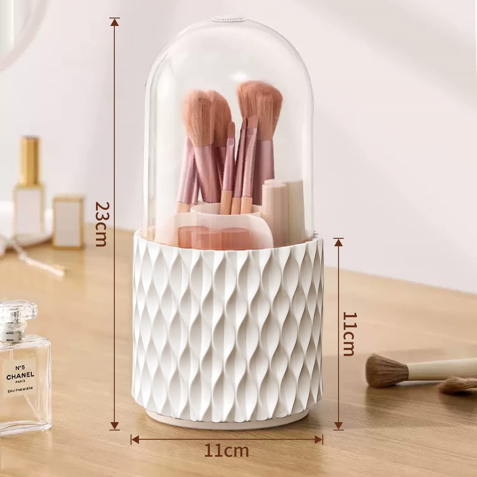 FIVAVA Porta Pennelli Make Up 360° Rotante, Organizer Con 5 Scomparti e Coperchio per Pennelli Trucco e Rossetti