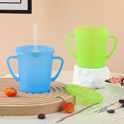 Miniatura 7 de wooshwa Paquete de 2 vasos para bebés con asas, tapa y pajilla, taza de transición para niños de 1 a 3 años, 11 onzas (azul Kleinverde lima)
