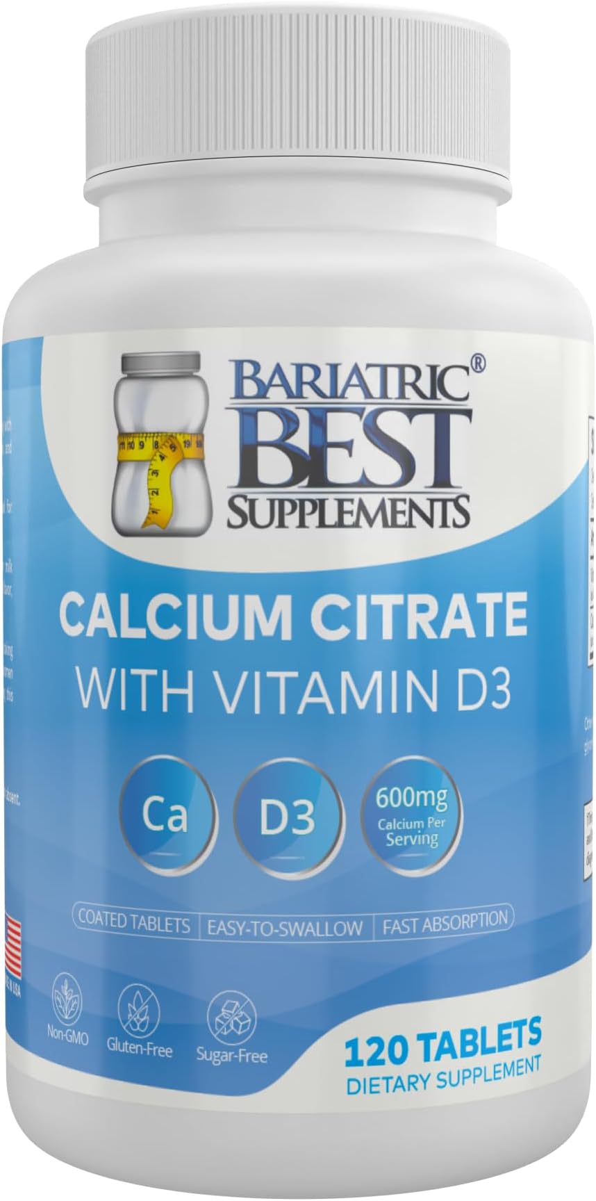 Calcium Citrate with Vitamin D3 – for Post- Surgery - Easily Dissolvable Formula for Fast & Effective Absorption - Made in The USA - 600mg, 120 Tablets per Bottle