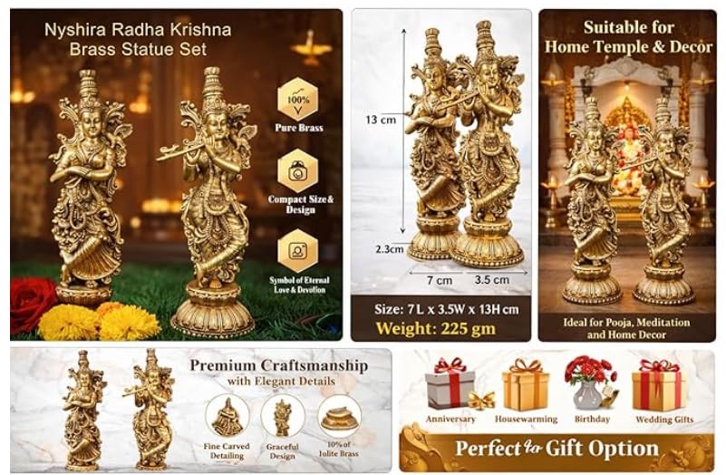 Image of Brass Radha Krishna Idol Murti for Pooja | Pure Brass Hindu God Statue | Home Temple Decor & Gift | 13 cm, 225 g