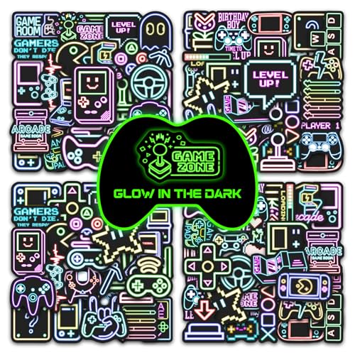 51 Pcs Neon Game Stickers for Kids Glow in The Dark, Gamer Inspirational Sticker for Water Bottle, Vinyl Waterproof Laptop Decals for Teens Girls Boys, Students Adults Sticker Pack