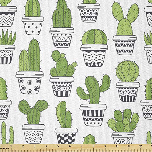 Image of Ambesonne Cactus Fabric by The Yard, Succulent Spiky Cacti Doodle Patterned Pots Exotic Houseplants, Stretch Knit Fabric for Clothing Sewing and Arts Crafts, 1 Yard, Grey Apple Green