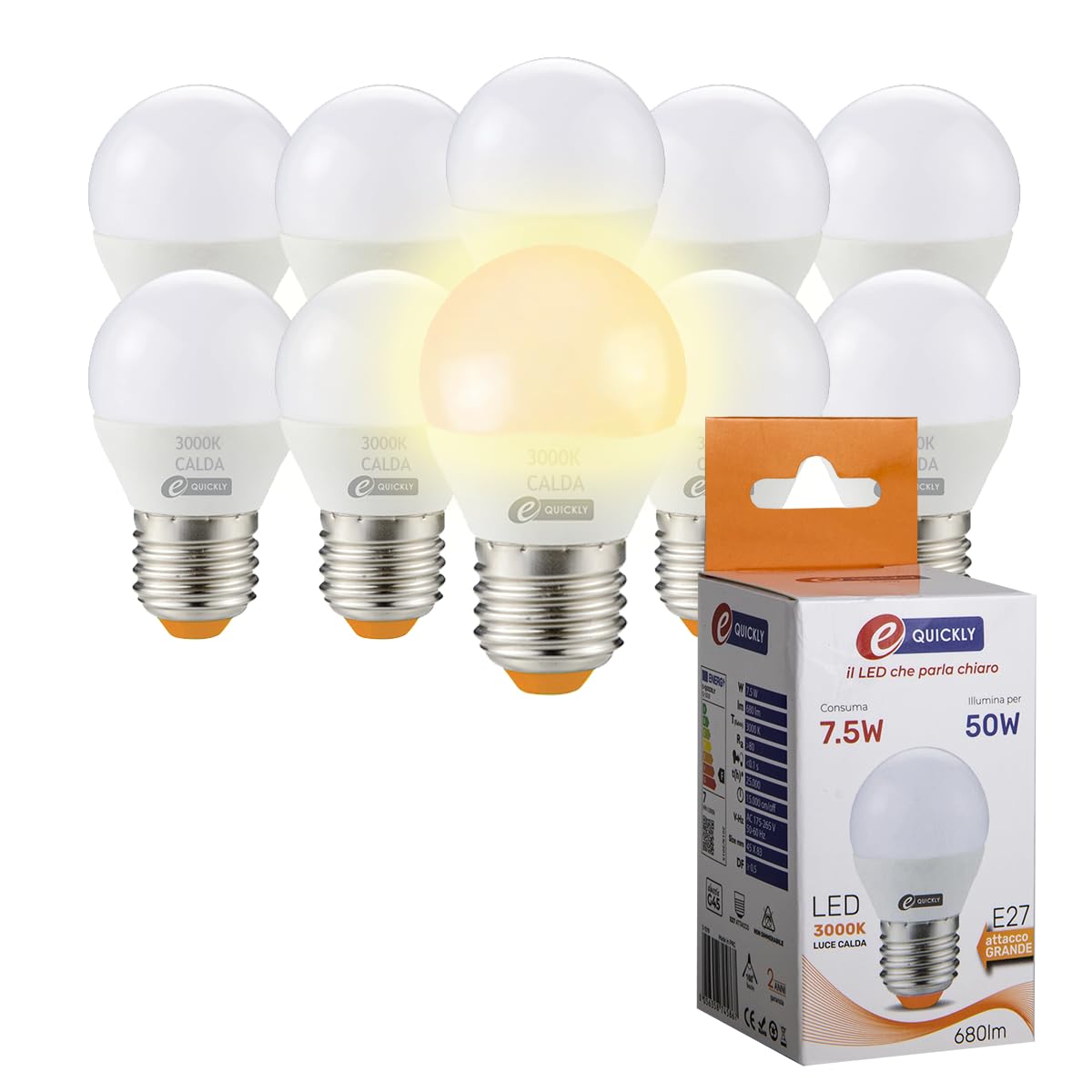 10 Lampadine LED E27 Sfera G45, 7,5W (equivalente 50W), 680 Lumen, Luce Calda 3000K, Classe F, Confezione Da 10