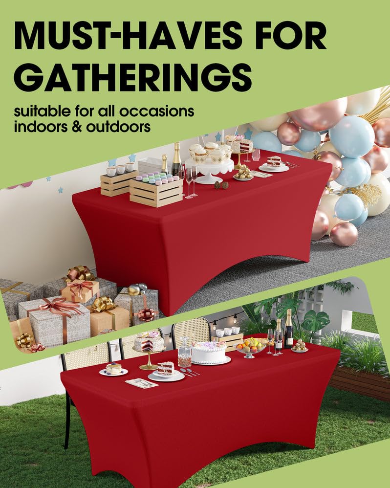 Image of Pureegg Spandex Tablecloth 6ft - 2 Pack, Fitted and Tight Cloth for Rectangle Table, Wrinkle-Free and Stretch Table Cover for Party, Wedding, Banquet and Birthday, Red