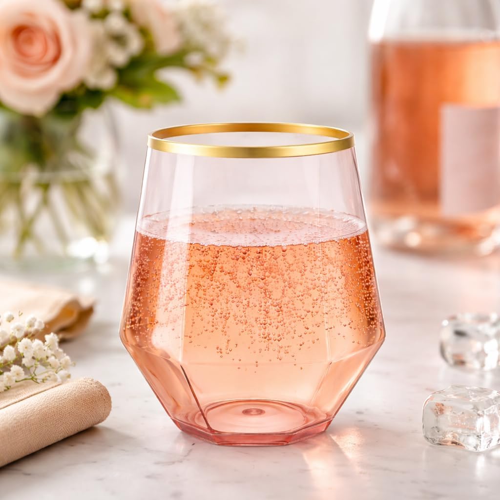 40 count Diamond Unbreakable Stemless Plastic Wine Champagne Whiskey Glasses Elegant Durable Disposable Indoor Outdoor Ideal for Home, Office, Bars, Wedding, 12 Ounce Cups (Diamond Pink Matte Gold)
