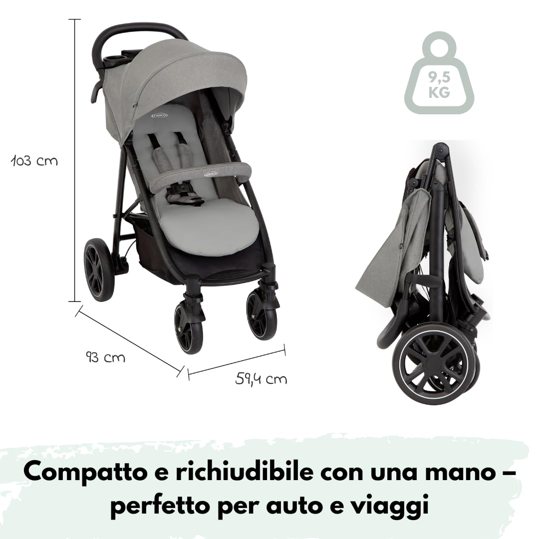 Graco Passeggino Leggero EezeFold DLX, Passeggino da Viaggio con Chiusura a Una Mano, Sospensioni a 4 Ruote, Reclinabile, Cestello Ampio – Grigio Lunare