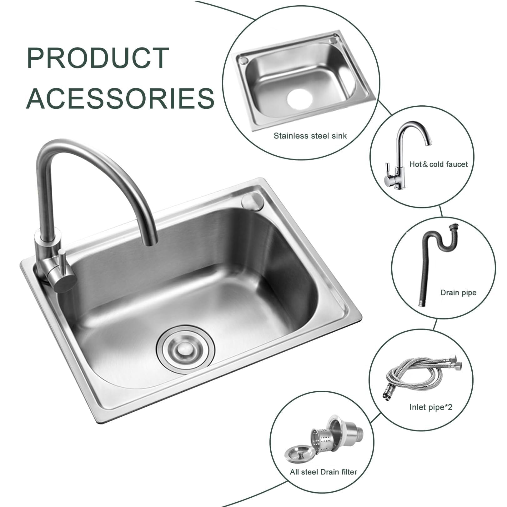 SDdPulse Lavello da cucina in acciaio inox a vasca singola con rubinetto caldo e freddo, angoli arrotondati, per casa, ristorante e bar, monocolore, 53 x 38 cm