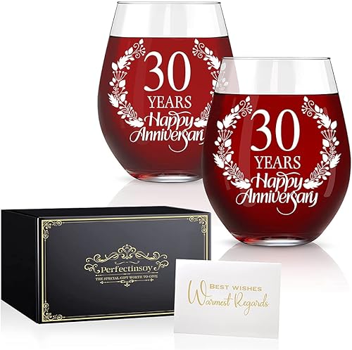 Perfectinsoy Juego de 2 copas de vino de 30 años de feliz aniversario, regalo de boda para mamá, papá, esposa, alma gemela, pareja, divertido,