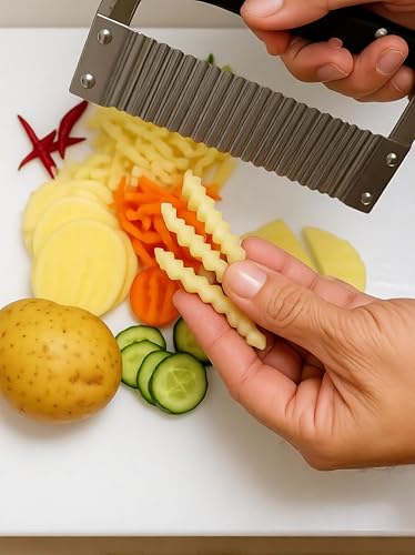 Miniatura 4 de Cortador de mandolina con hoja ondulada de acero inoxidable, cortador de papas fritas de mano para papas fritas, papas fritas arrugadas y corte de