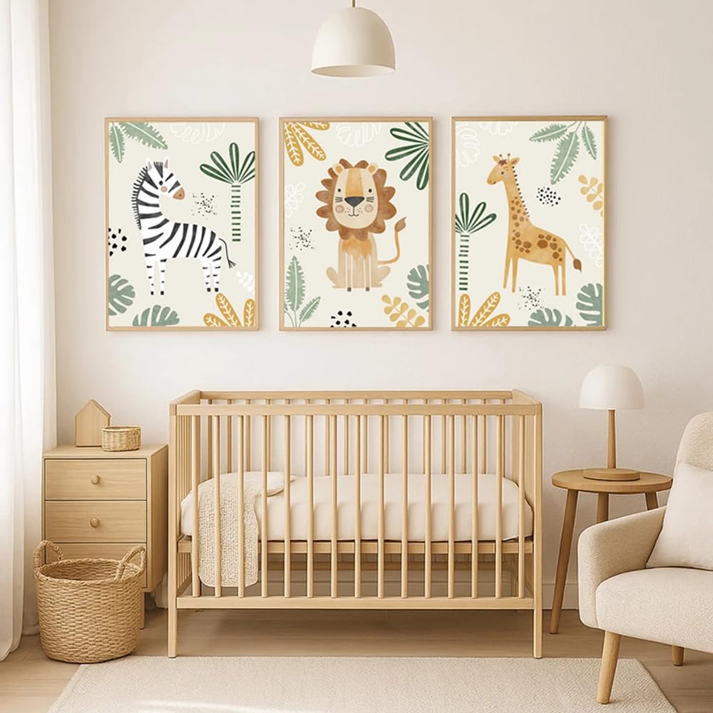 3 Affiches Animaux Jungle Lion Girafe Zebre Tableau Savane Bebe Deco Chambre Bebe Garcon Vert Beige Poster Affiche Chambre Enfant Foret 30x40 Affiche Animaux Chambre Bébé sans Cadre (BYCH076-30x40)