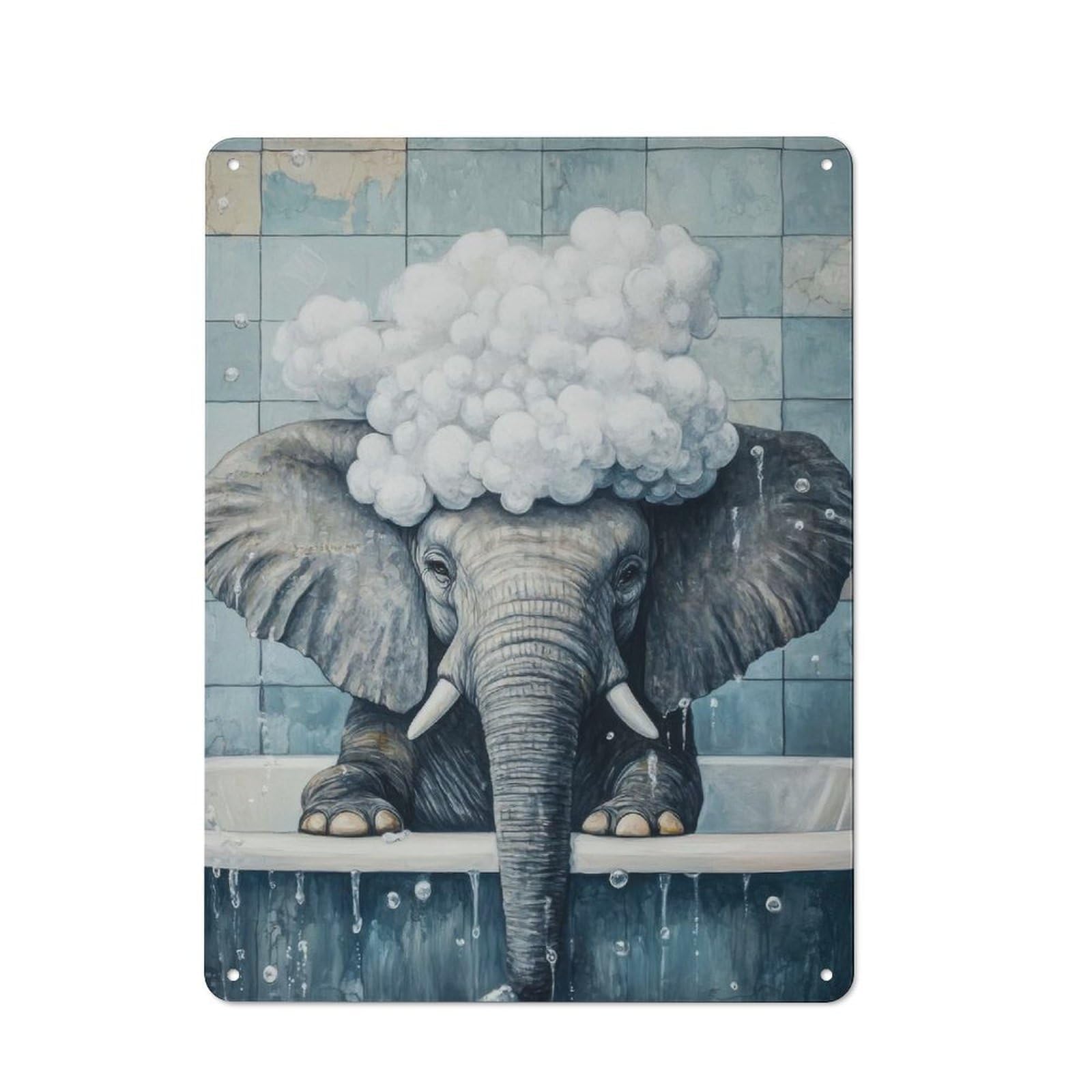Junmoney Style-17 Elephant In A Bath Rustic Tin Wall Plaque 40X30cm For Hobby Room Or Studio, A Christmas Gift For People Styling Hobby Room And Studio