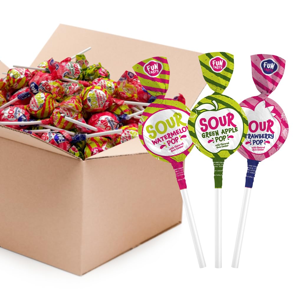 Sour Lollipops - 2 Pound Bulk Pack (36 Count) - Assorted Fruit Pops - Gum-Filled Hard Candy - Watermelon, Strawberry, and Green Apple - Individually Wrapped Suckers