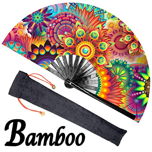 OMyTea Large Bamboo Rave Festival Folding Hand Fan for Men/Women - Chinese Japanese