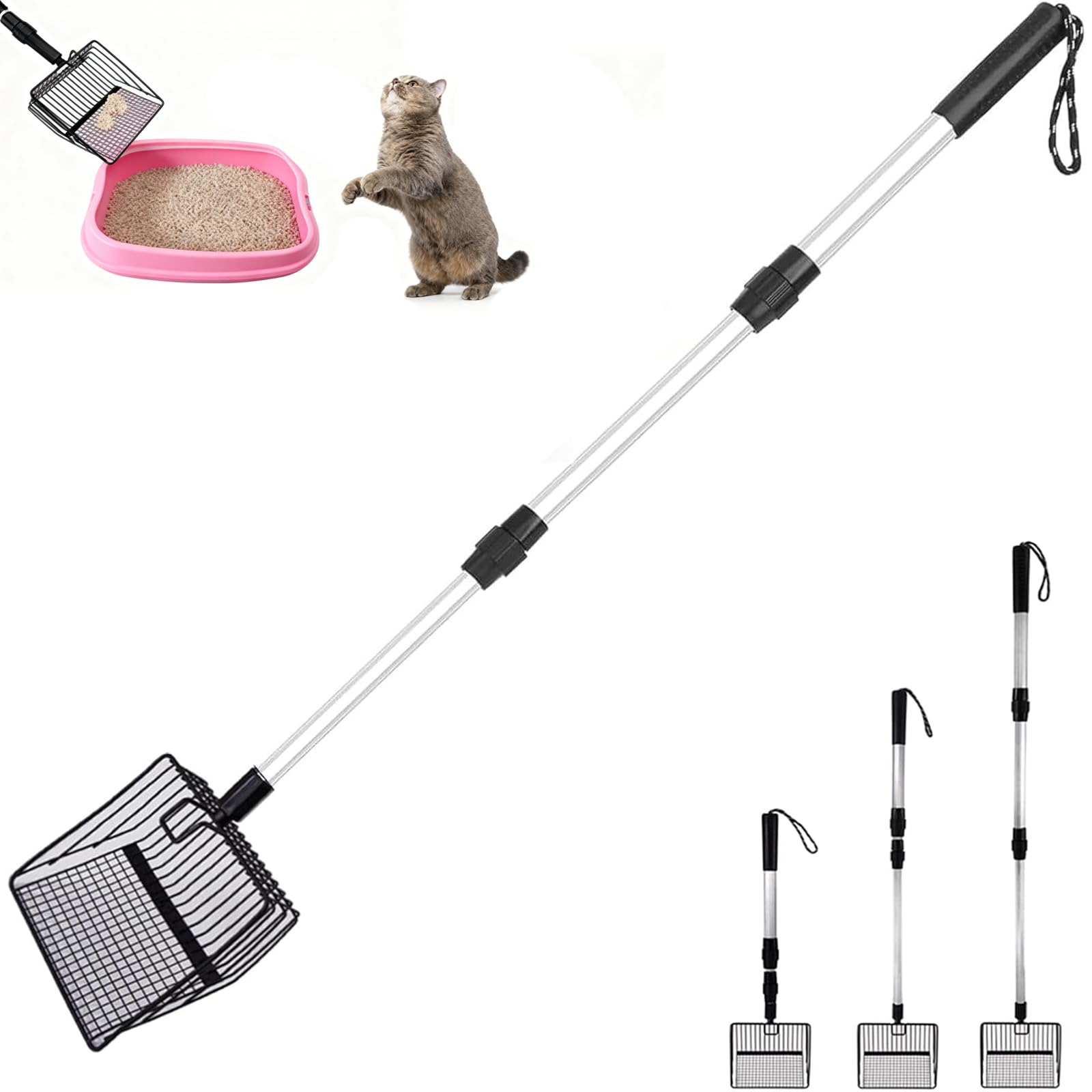 Pelle à Litière Pour Chat, Pelle à Litière Pour Chat Métal, 58cm -106cm Pelle à Litière à Long Manche Ajustable, Pelle à Crottes De Poulet, Amovible, Scoop De Nettoyage Pour Animaux De Compagnie