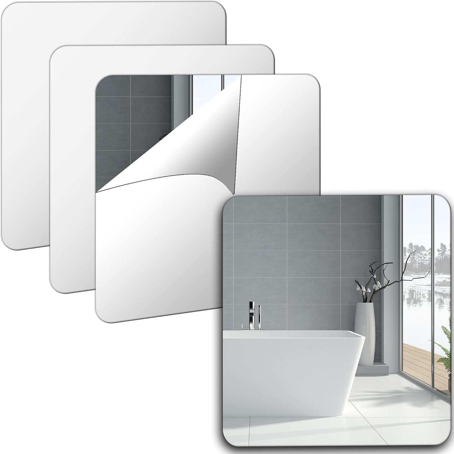 4 Pcs Self Adhesive Mirror Tiles 20x20 cm, WallMounted 2mm Thick