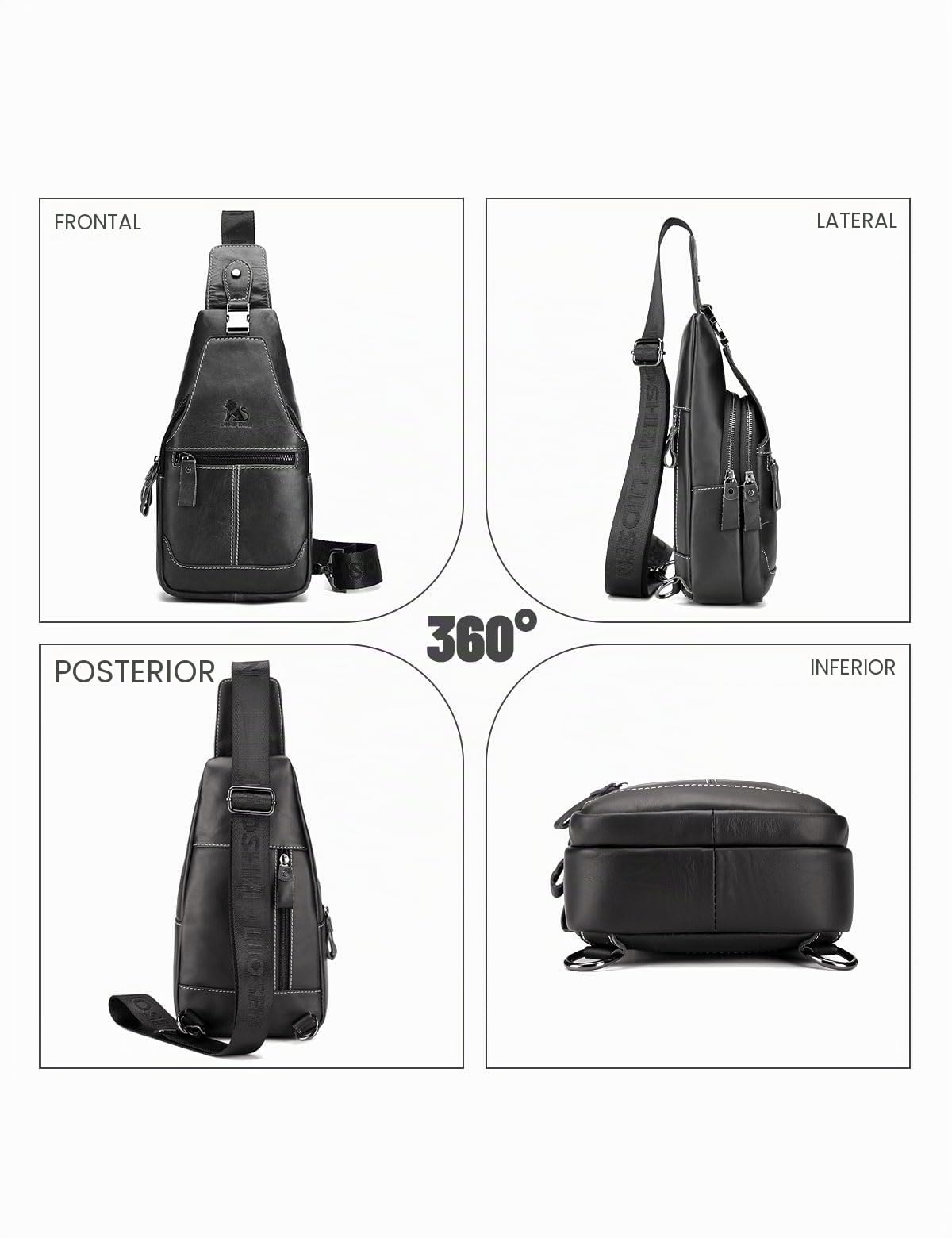 Bolsa de Pecho Para Hombres Bolso de Cuero Genuino Deportes y Ocio al Aire Libre Bolsa Pectoral Multifuncional Vintage de Moda e Impermeable Negro