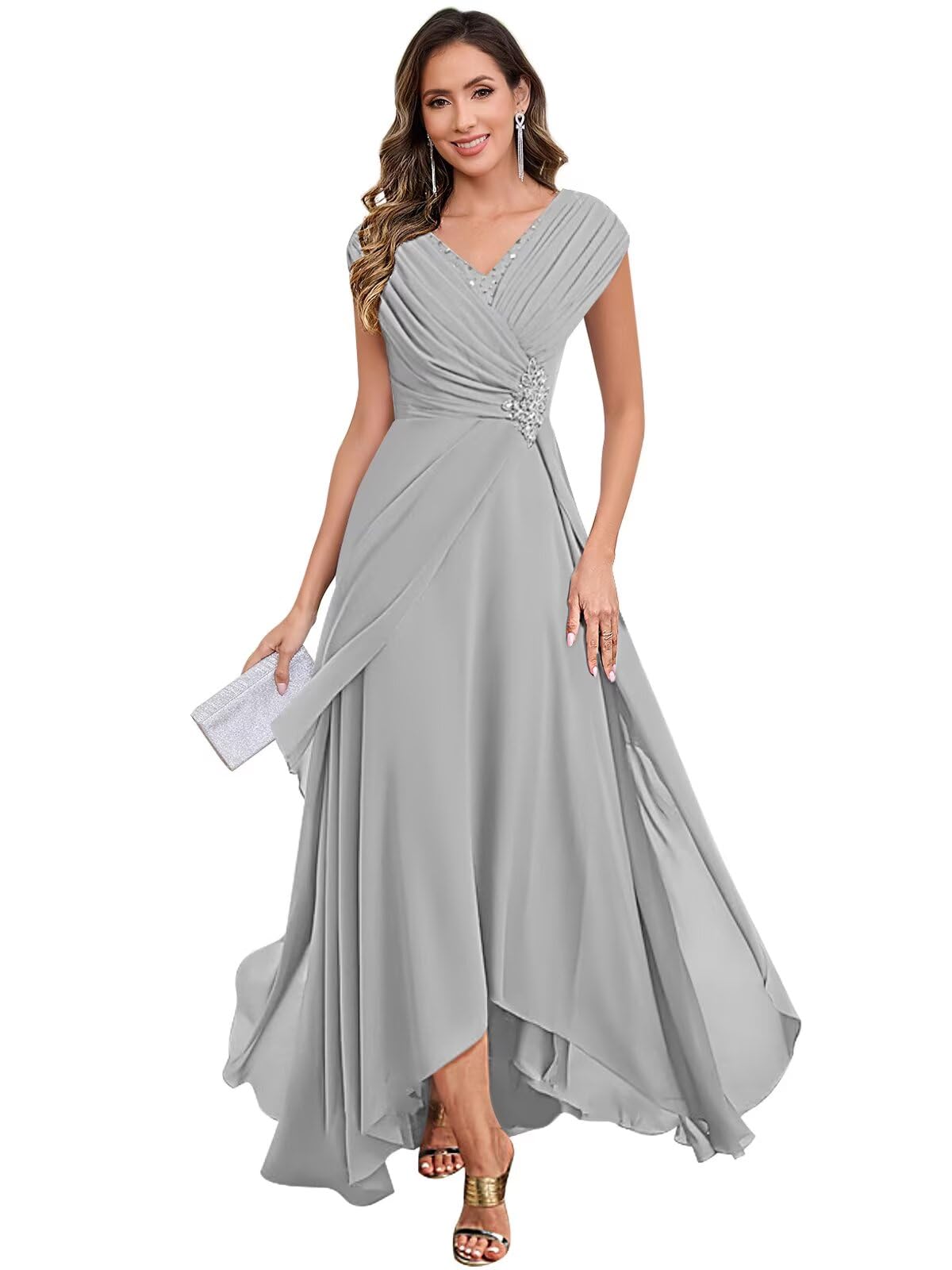 Lace Applique Chiffon Mother of The Bride Dresses A Line Cap Sleeves Evening Gown V Neck Formal Dress for Wedding