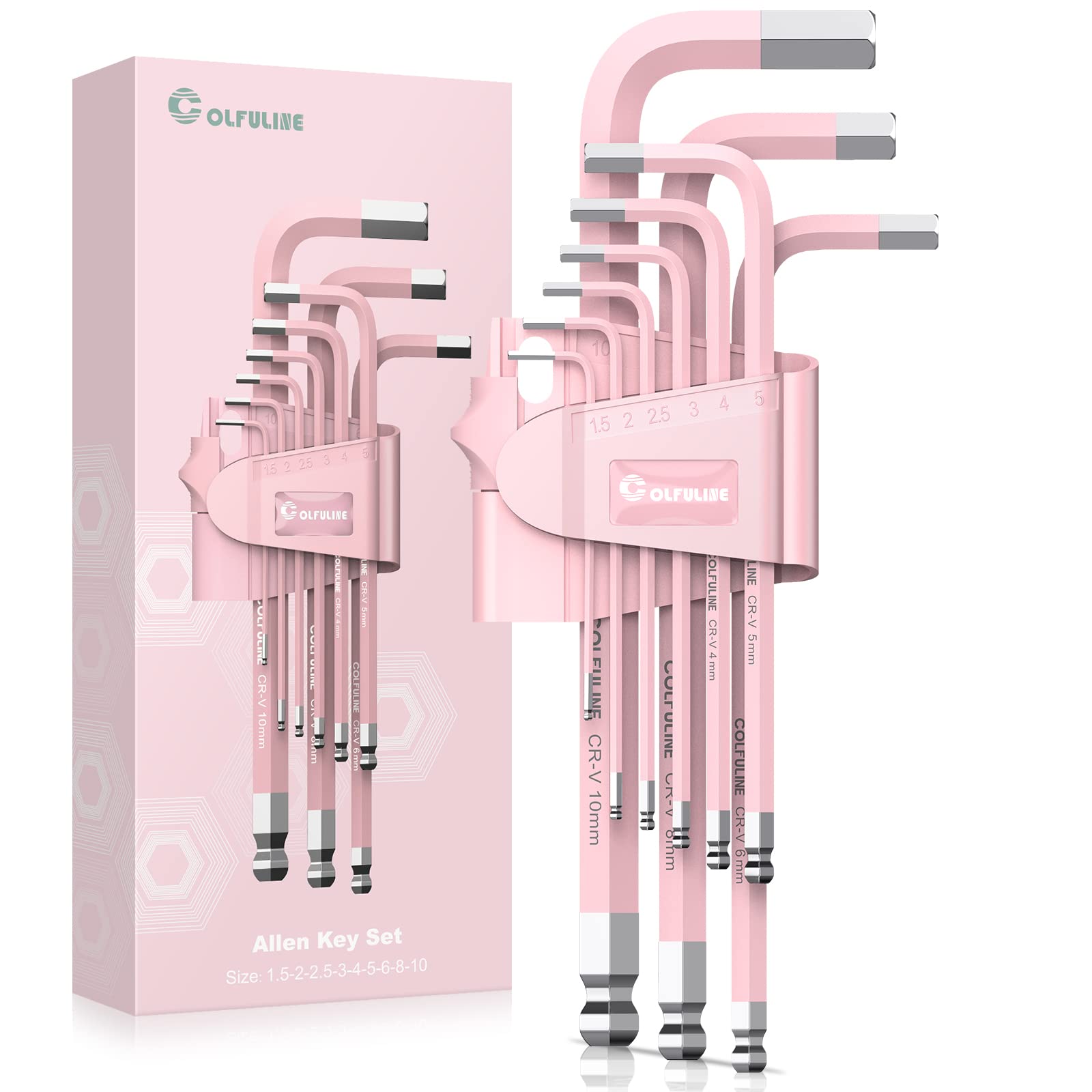 COLFULINEPink Metric Allen Key Set, 9PCS Hex Key Set, Ball End Allen Keys Sizes 1.5-10mm, Alan Keys Sets for Bicycle Motorcycle Repair Furniture Assembly Household DIY, Pink Tool Gifts for Women Men