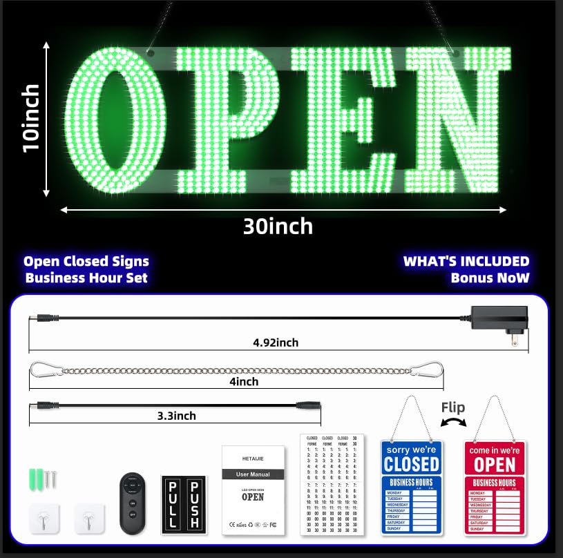 Image of 30 inchx10 inch Large LED Open Sign for Business - Unique Design super Bright Open Signs With chain - High Visibility for Stores, Bar, Hotel, Retail Shops,Window, Salon, Restaurant, Office (Green, 30*10inch)