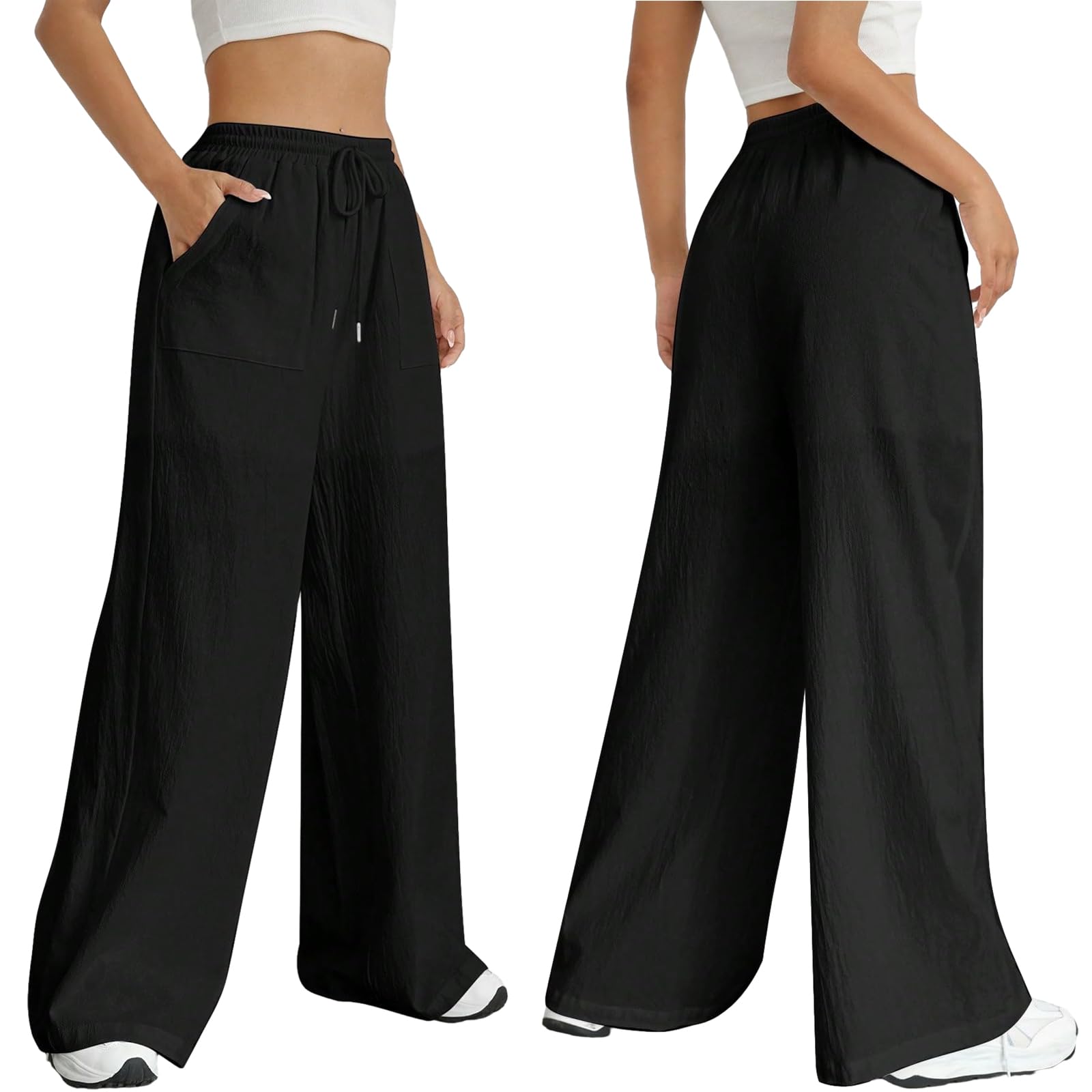 Nuofengkudu Verano Pantalones Mujer Anchos Bolsillos Cordón Ajustable Cintura Alta Ligeros Transpirables Largo Pantalon Pijama Yoga Pants
