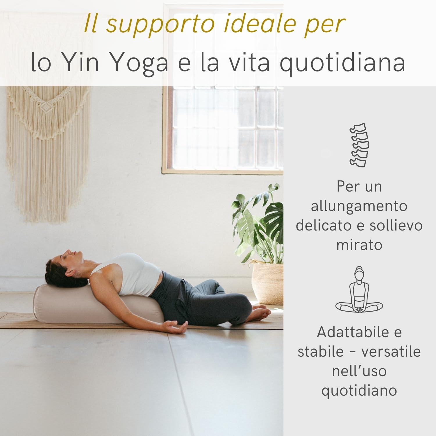 LOTUSCRAFTS Rullo yoga per Yin Yoga, certificato GOTS, rullo con imbottitura in farro, fodera in cotone lavabile, cuscino, cuscino pilates